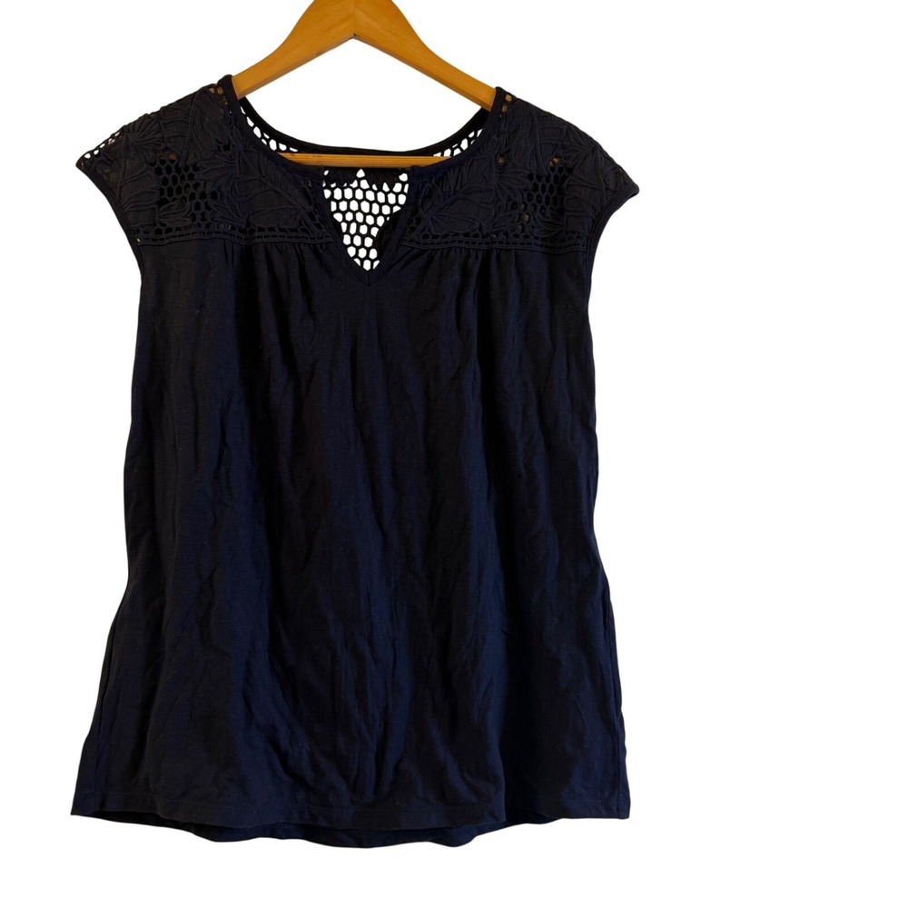 Lilly Pulitzer Navy‎ Blue Lace Trimmed Cap Sleeve Top Shirt Womens XS